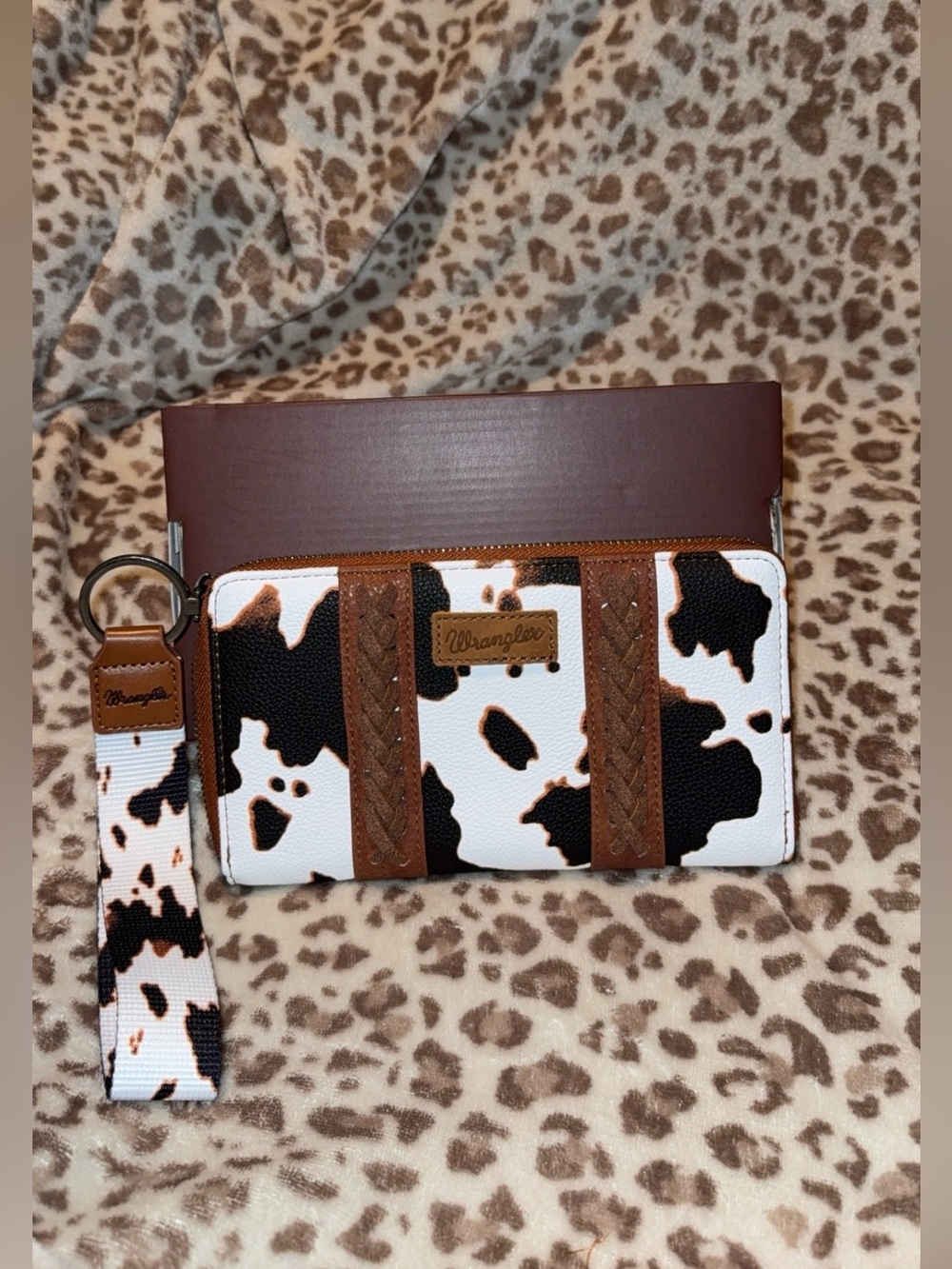 Wrangler Brown, Black & White Cowhide Print Wristlet Wallet 🐮🤠